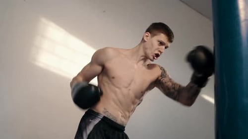 Muscular Man Boxing in Gym Workout