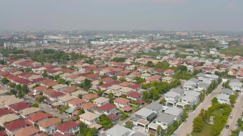 Aerial view of residential neighborhood. Urban housing development from above
