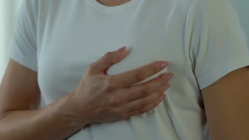 Woman Concerned About Breast Pain Checking Mammary Gland, Cancer Symptoms