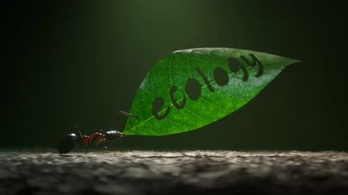 Animation mit einer kleinen braunen Ameise, die ein grünes Blatt mit eingeschnittenem Ökologiewort