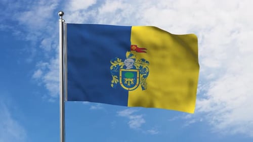 Realistic Waving Flag with Detailed Blue and Yellow Coat of Arms