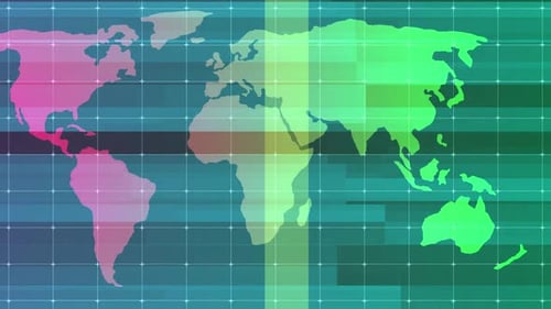 Animated World Map Background with Digital Grid and Abstract Moving Bars