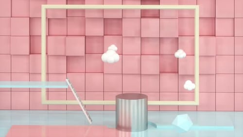 Modern 3D Abstract Pink Cubes Background with Floating Clouds