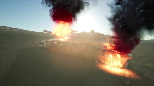 Burned Tank in the Desert at Sunset