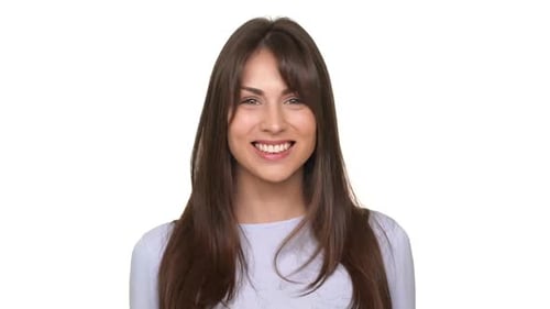 Smiling Woman Gives Two Thumbs Up on White