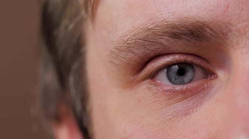 Close Up Macro of Blue Man Eyes in Macro Looking at Computer Screen