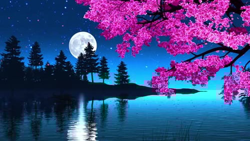 Moonlit Lake With Falling Cherry Blossom Petals At Night