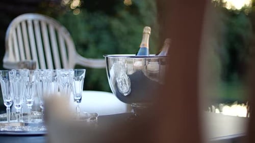 Wedding Champagne Glasses and Bottles on Table