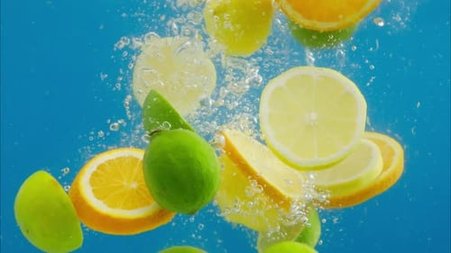 Citrus Fruits Slices Falling into Liquid