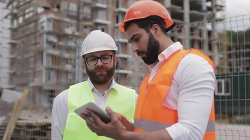 Der Baumeister und der Architekt diskutieren über den Bauplan des modernen Geschäftszentrums