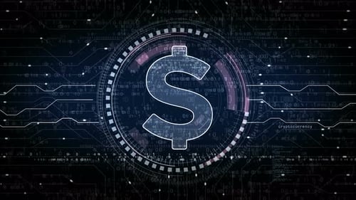 Digital Dollar Symbol Animation on Futuristic Circuit Board