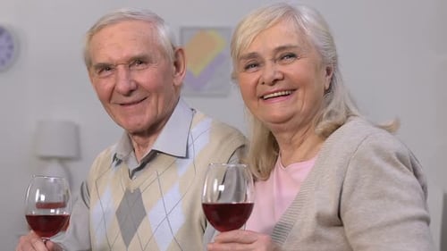 Lovely Senior Couple With Wine Glasses Looking at Camera and Smiling Celebration