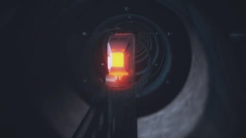 Futuristic Glowing Train Enters Dark Industrial Tunnel