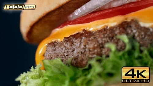 Close up juicy burger with cheese and toppings