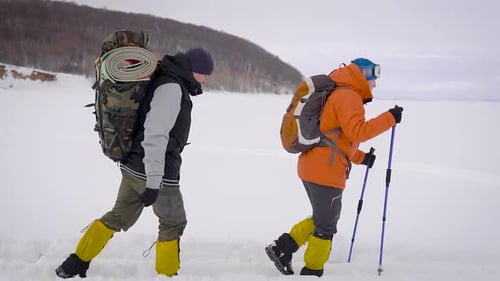 Hikers Walk Across Snowy Winter Landscape With Poles