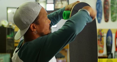 Man Tightening Green Wheel on Skateboard in Shop