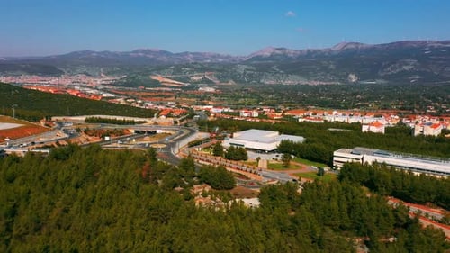 Aerial Panoramic View of City Infrastructure in Mountain Area