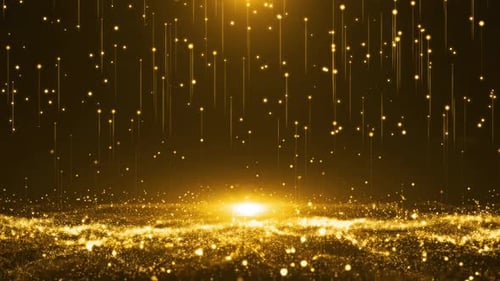 Golden Sparkling Particles Floor and Falling Light Lines Background