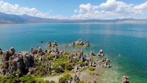 Aerial View of Mono Lake with Tufa Rock Formations During Summer Season, Mono County