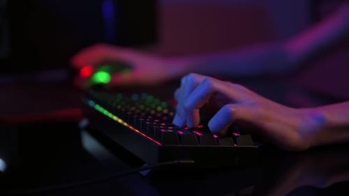 Gamer Play Computer Game Use Rgb Neon Colored Keyboard