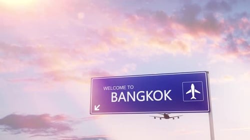 Bangkok City Sign Plane Landing in Daylight