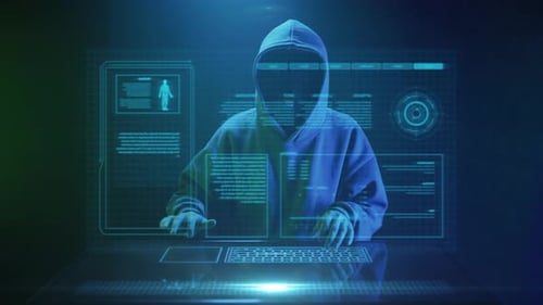 Hooded Hacker Typing Code in a Futuristic Setting