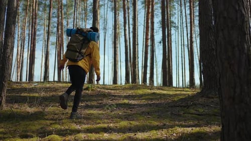 African Black Man Climbs Uphill in Woods in Yellow Jacket with Backpack in Slow Motion