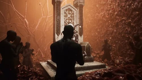 Dark Fantasy Jester on Ornate Throne with Shadowy Figures