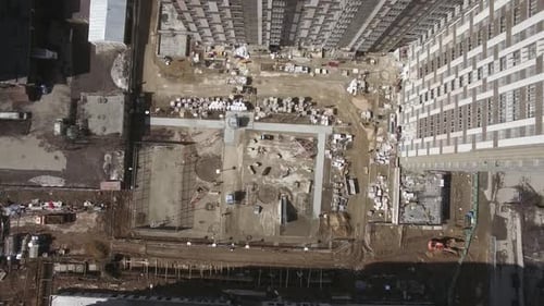 Flying Over Construction Site and New-built House in Moscow, Russia