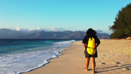 Beautiful beauty model relaxing enjoying life on beach on sunny blue and white sand background 4K