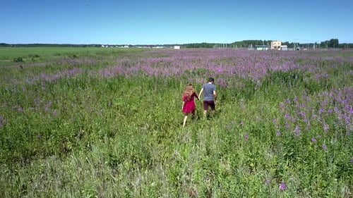 Girl and Young Man Walk Accurately on Wide Green Field