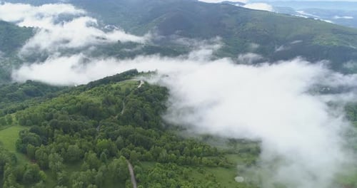 Aerial View of Green Hills and Pastures Covered in Dense White Mist