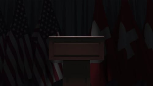 Elegant Wooden Podium and Waving Flags Background