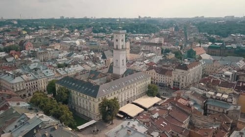 Aerial Drone Footage of European City Lviv, Ukraine. Flight Above Popular Ancient Part of Old Town