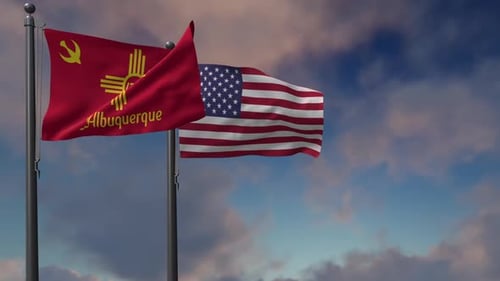 Albuquerque City and USA Flags Realistic Waving