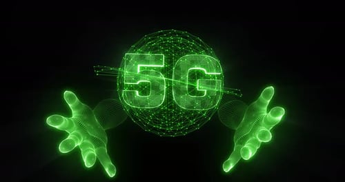 main sur la 5G Réseau mondial Carte du monde intelligence artificielle numérique Technologie AI Cloud de données vert