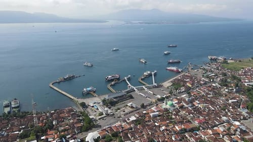 Aerial view of Port in Banyuwangi Indonesia with ferry in Bali Ocean