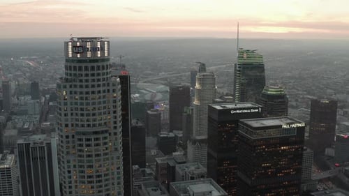 Breathtaking View of Skyscrapers in Downtown Los Angeles, California at Beautiful Sunset