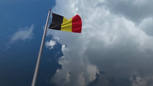 Realistic Belgian Flag Waving in Wind Against Cloudy Sky