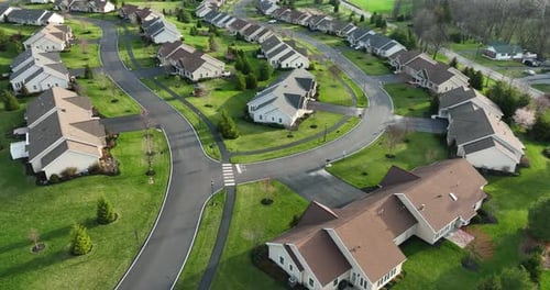 Residential housing in America. Aerial of duplex single story homes in retirement community in USA.