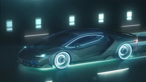 Une cybervoiture sportive au néon se précipite sur la route nocturne avec des néons et des sentiers