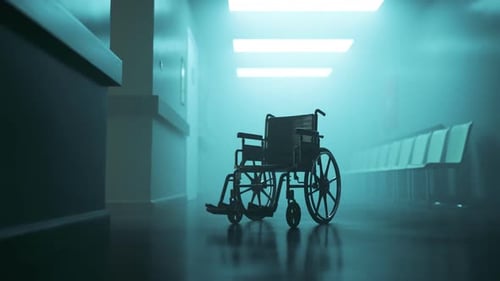 Abandoned wheelchair in empty, foggy hospital waiting corridor. Disability in 4K