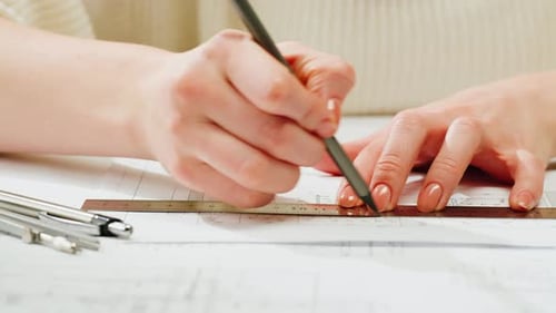 Architect Designer Drawing Plan Blueprint Closeup