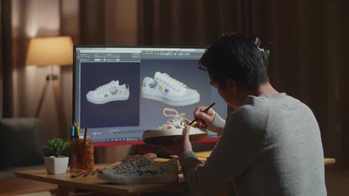 Young Adult Painting a Sneaker at Desk
