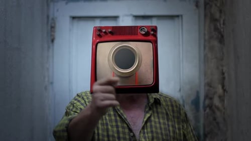 Television Headed Man in Front of White Door