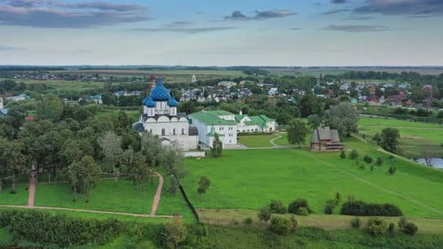 Aerial View on Kremlin and Boat in Suzdal Russia