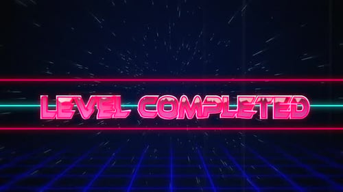 Retro Level Abgeschlossener Text, der bei weißem Hyperraumeffekt über blauen und roten Linien glitzert