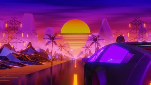 Neon Retro Road Drive with Futuristic Synthwave Landscape