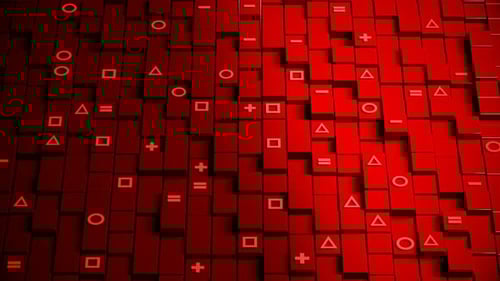 Abstract Red Cubes Waving with Glowing Digital Symbols Background