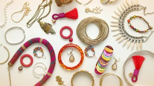 Woman's Jewelry Flat Lay Composition. Necklaces, Earrings, Rings and Bracelets